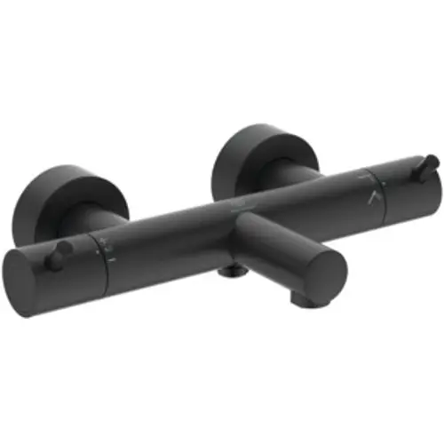 Badethermostat in mattem Schwarz mit zwei runden Griffen, hergestellt von Ideal Standard. Das Design zeigt eine schlichte, moderne Form ohne sichtbare Beschriftungen.